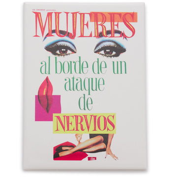 Book cover with colorful text and images on a white background Woman on the verge of a nervous breakdown by Pedro Almodovar - refrigerator collectible magnet